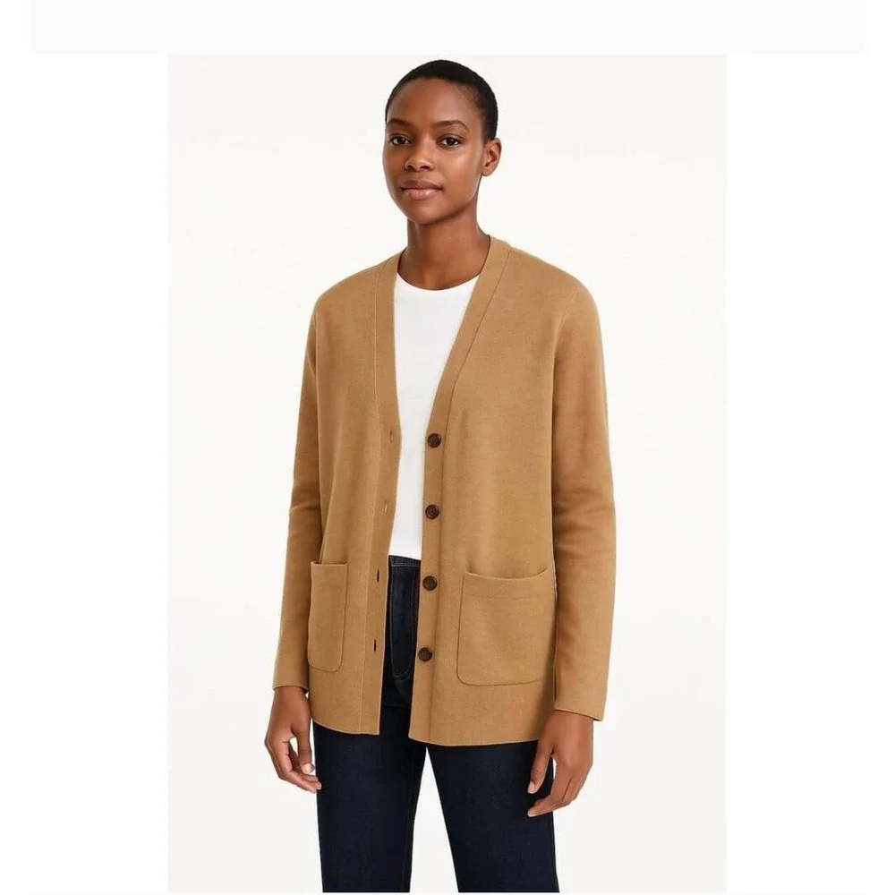 J. Crew Lambswool Blend Cardigan Camel Brown Button Front Pockets Size S